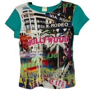 VTG Los Angeles Hollywood Souvenir Graphic Tee Teal Y2K Rhinestone S Streetwear